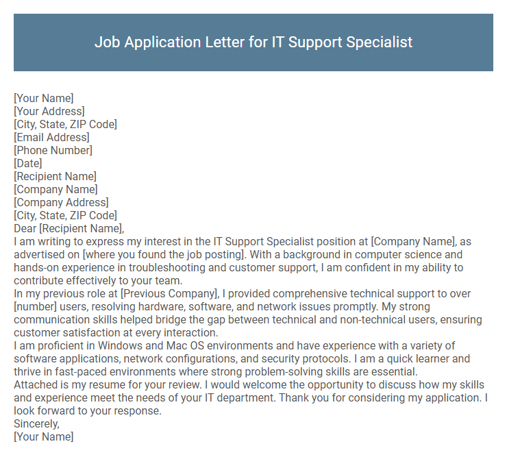 Job Application Letter for IT Support Specialist