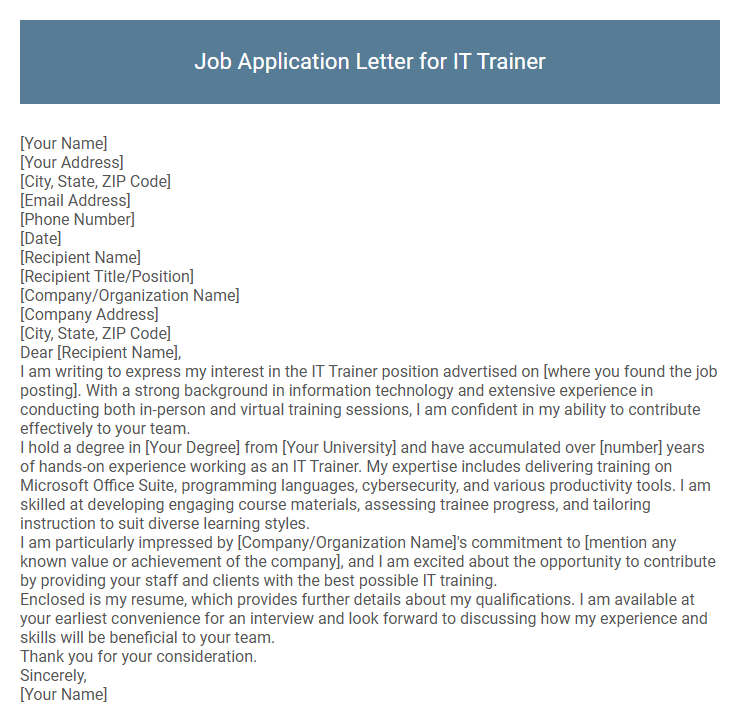 Job Application Letter for IT Trainer