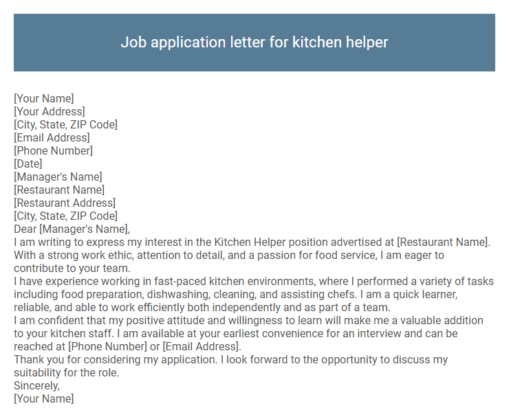 Job application letter for kitchen helper