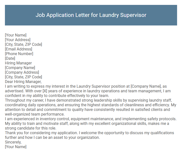 Job Application Letter for Laundry Supervisor