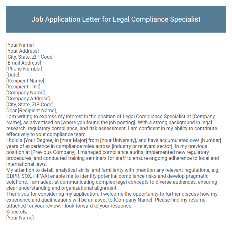 Job Application Letter for Legal Compliance Specialist