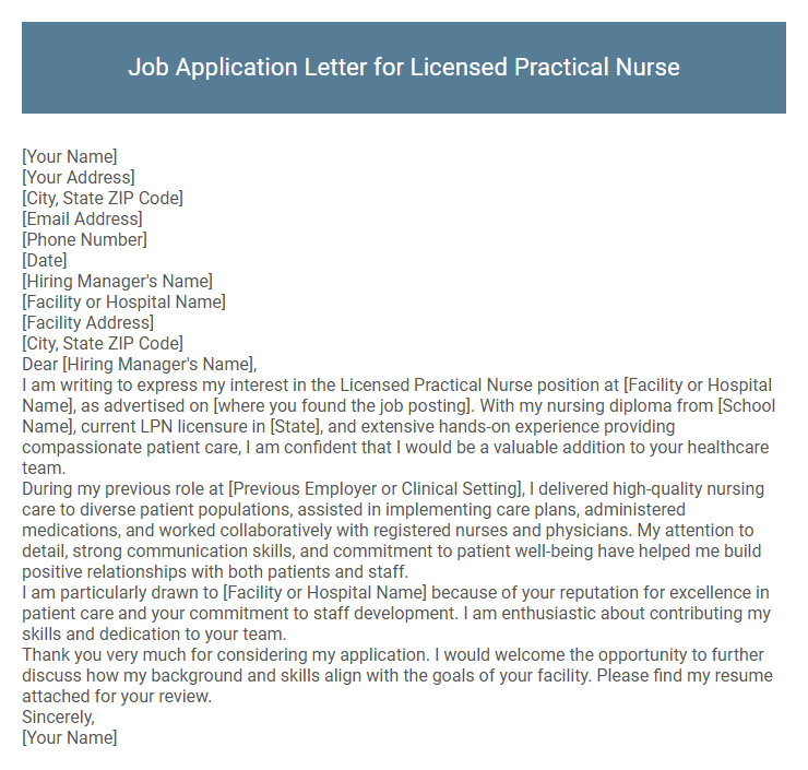 Job Application Letter for Licensed Practical Nurse