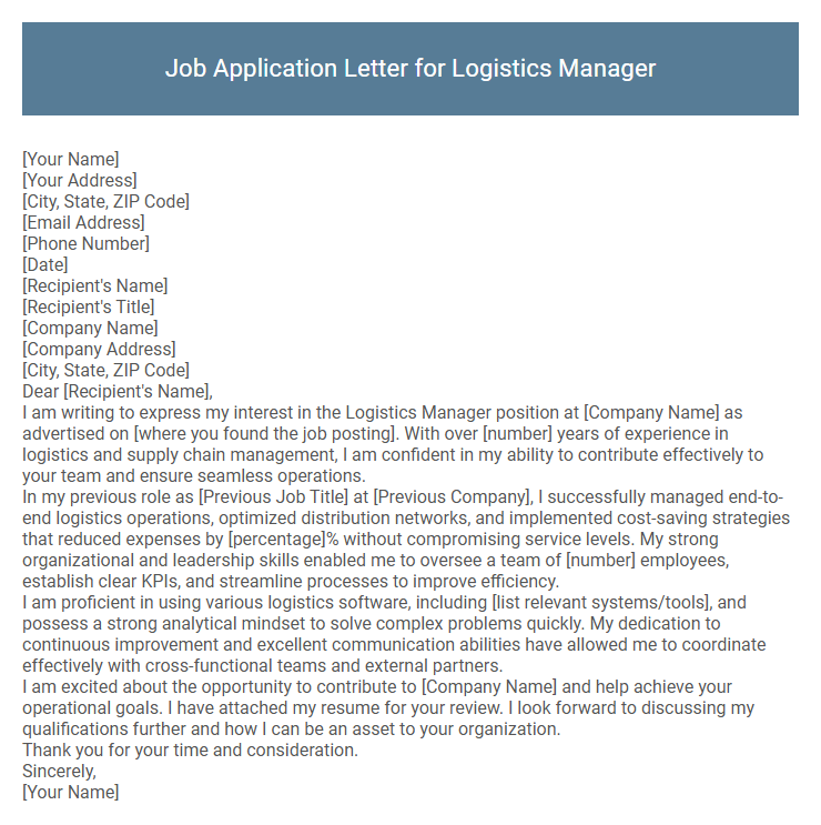 Job Application Letter for Logistics Manager