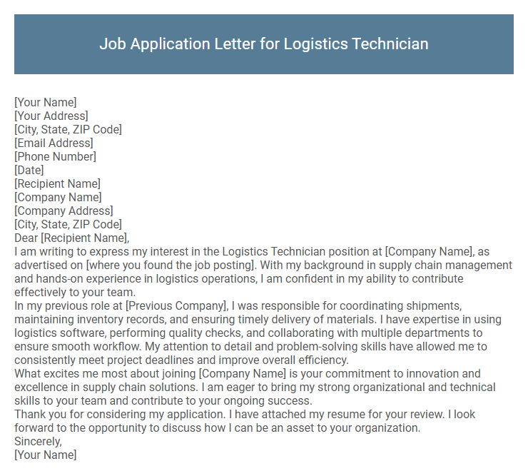 Job Application Letter for Logistics Technician