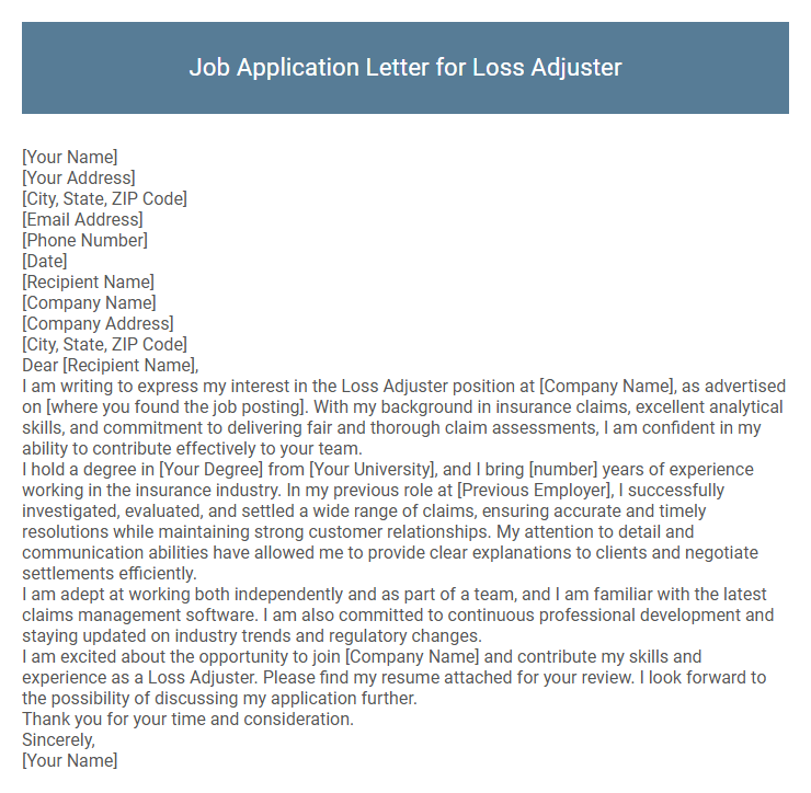 Job Application Letter for Loss Adjuster