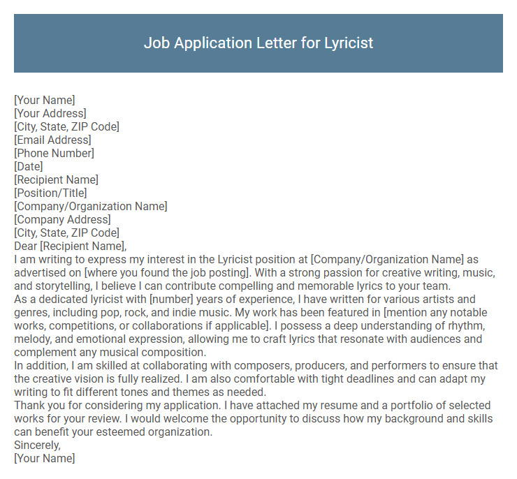 Job Application Letter for Lyricist