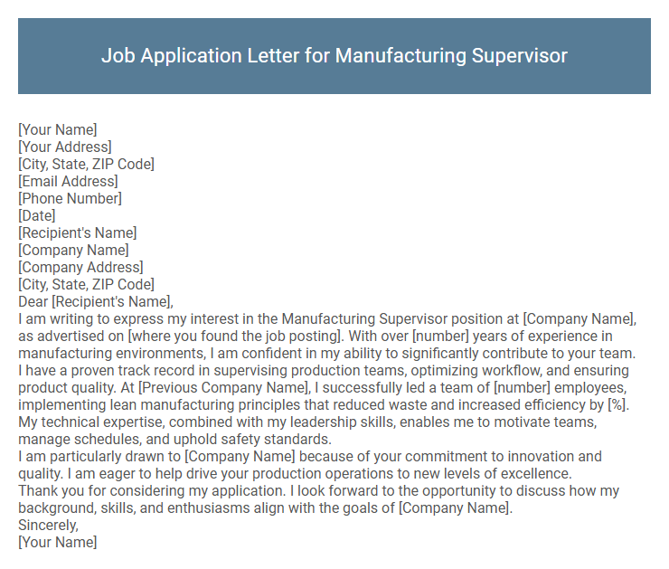 Job Application Letter for Manufacturing Supervisor