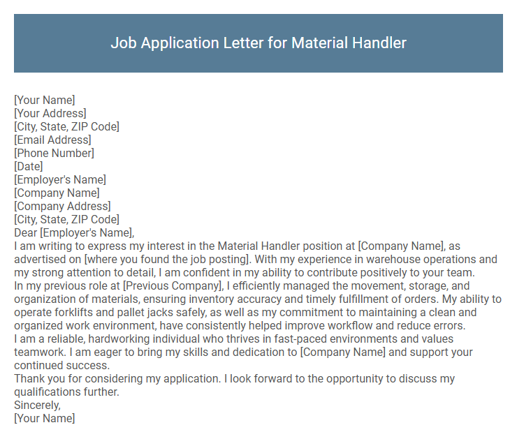 Job Application Letter for Material Handler