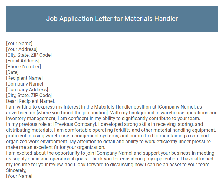 Job Application Letter for Materials Handler