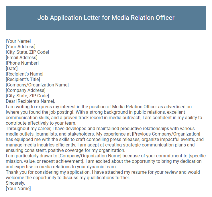 Job Application Letter for Media Relation Officer