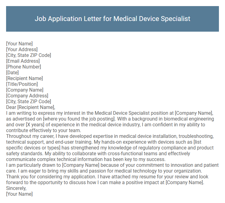 Job Application Letter for Medical Device Specialist