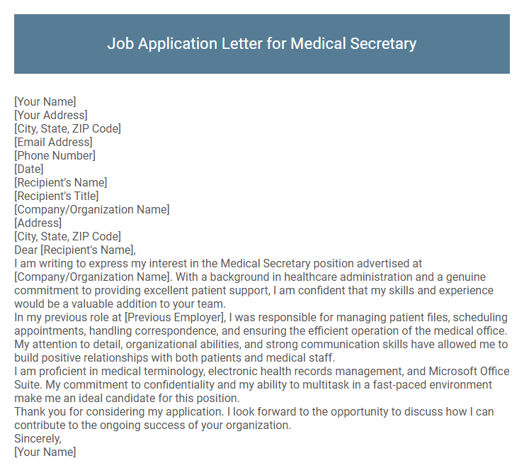 Job Application Letter for Medical Secretary