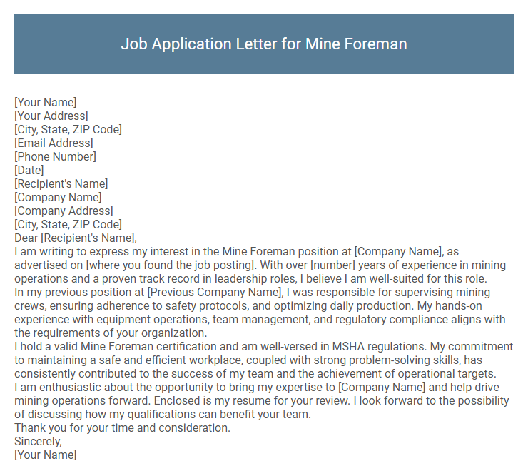 Job Application Letter for Mine Foreman