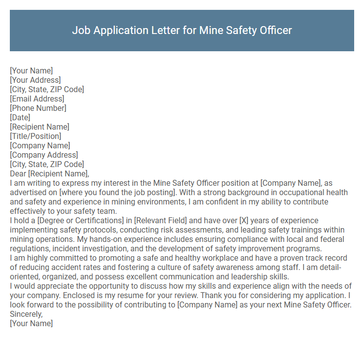 Job Application Letter for Mine Safety Officer