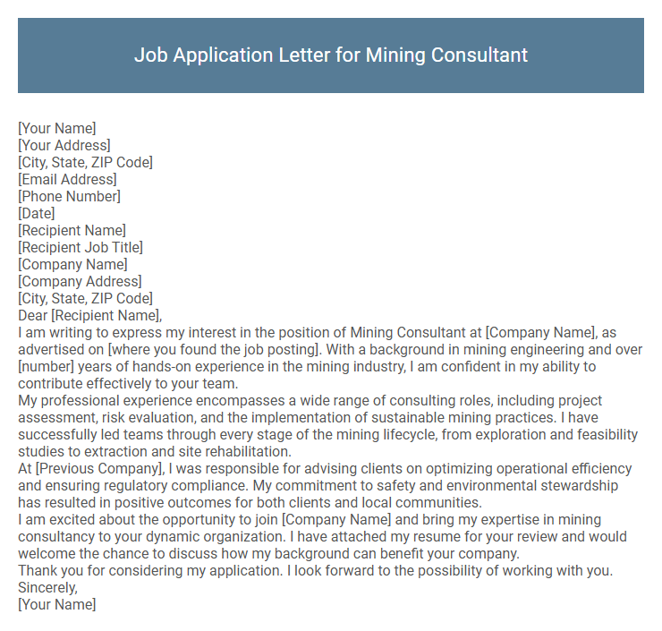 Job Application Letter for Mining Consultant