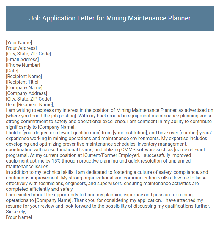 Job Application Letter for Mining Maintenance Planner