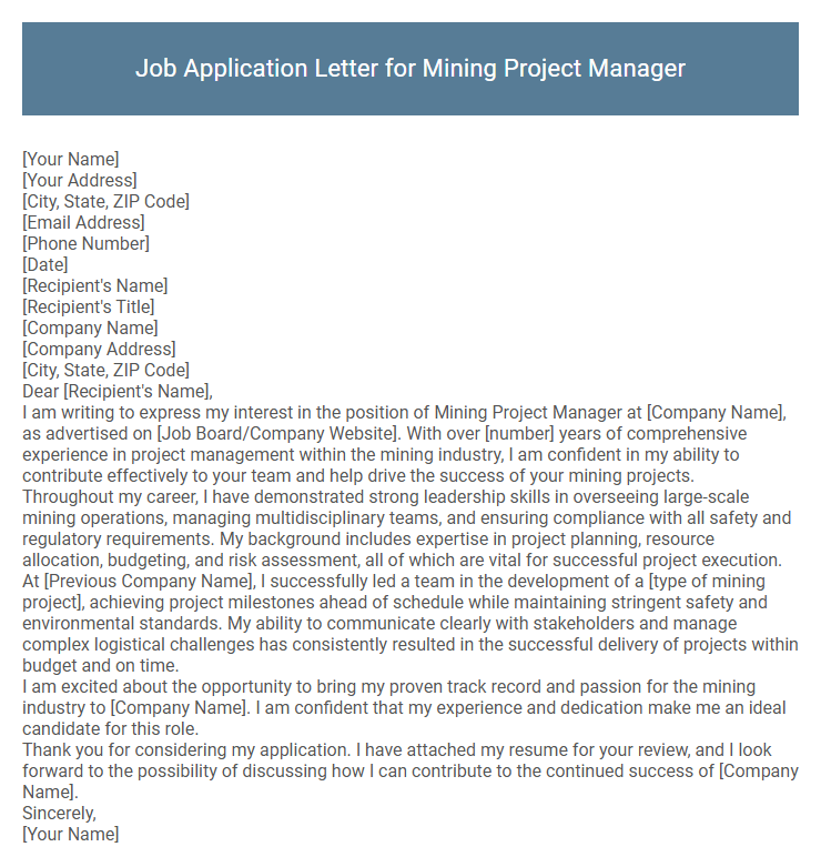 Job Application Letter for Mining Project Manager