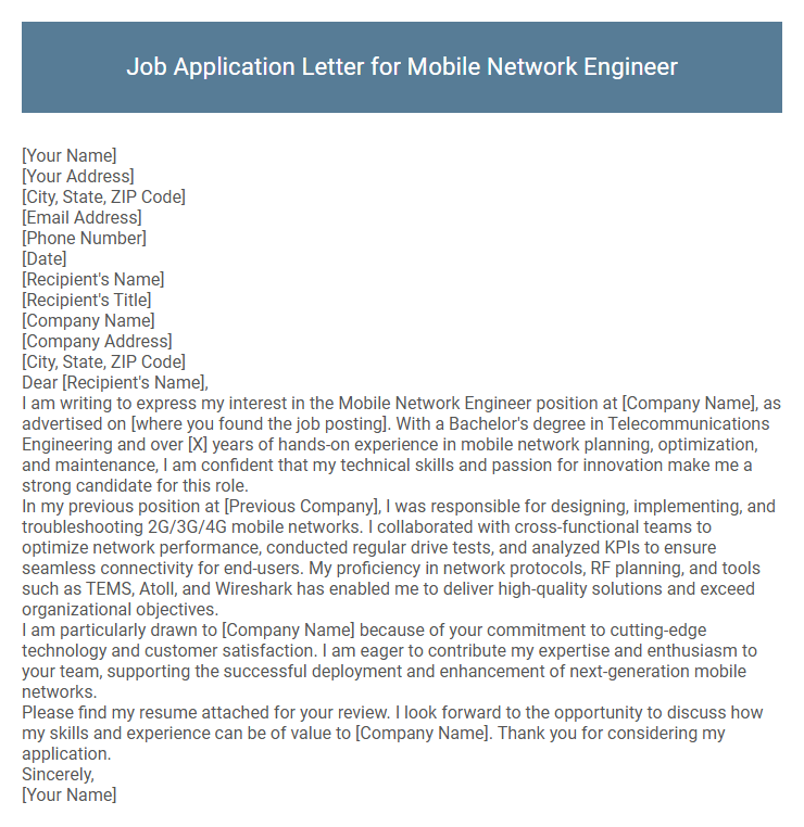 Job Application Letter for Mobile Network Engineer