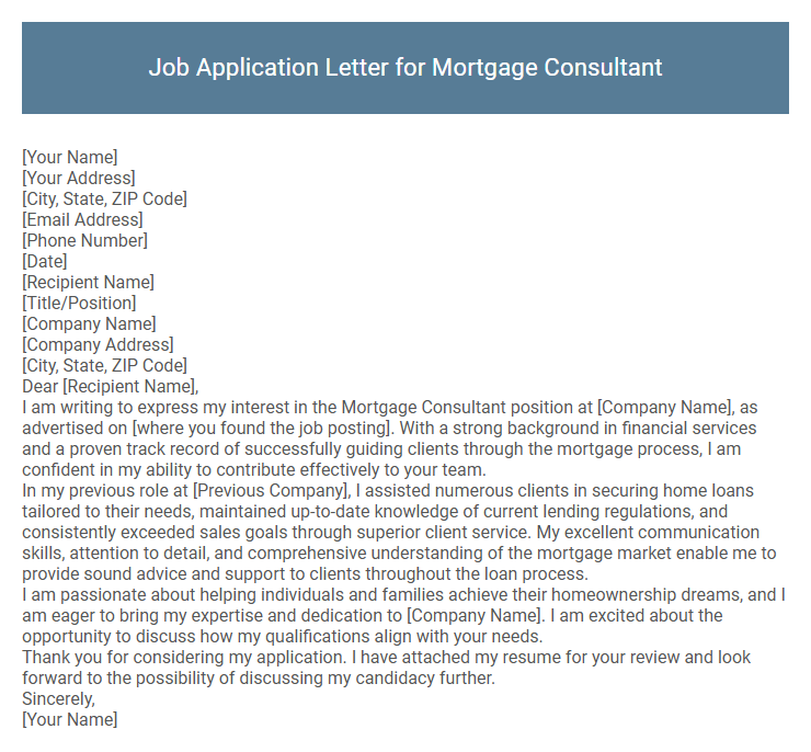 Job Application Letter for Mortgage Consultant
