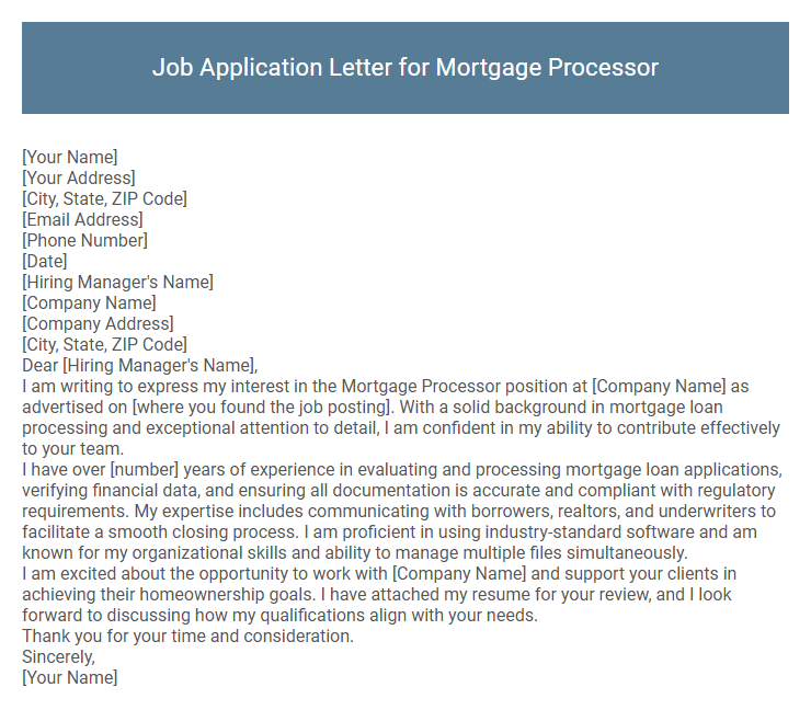 Job Application Letter for Mortgage Processor