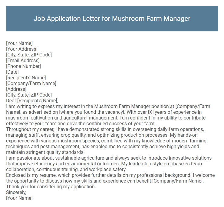 Job Application Letter for Mushroom Farm Manager