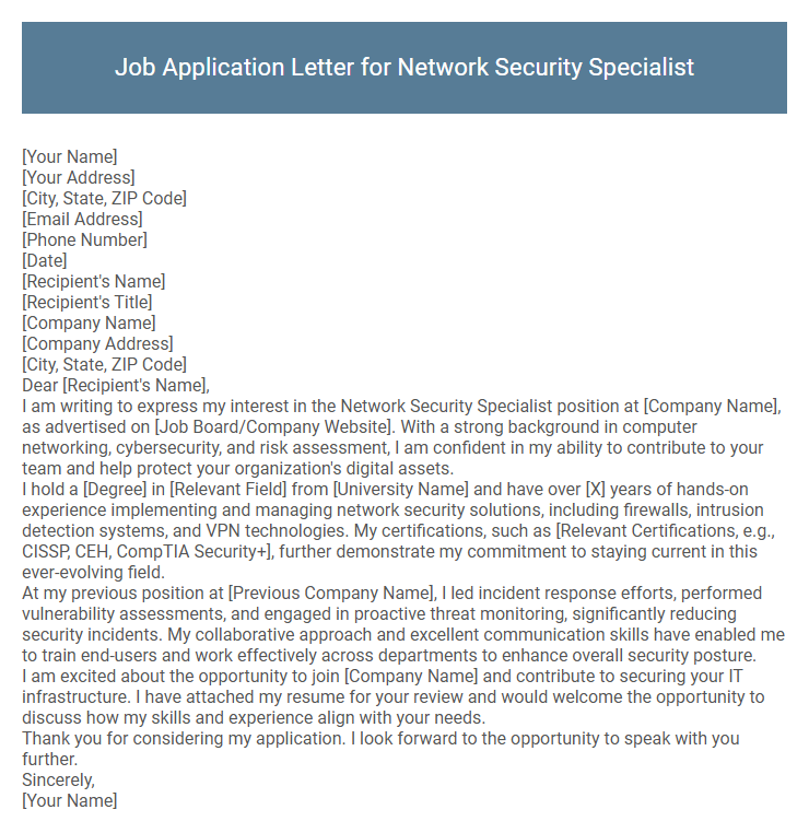 Job Application Letter for Network Security Specialist