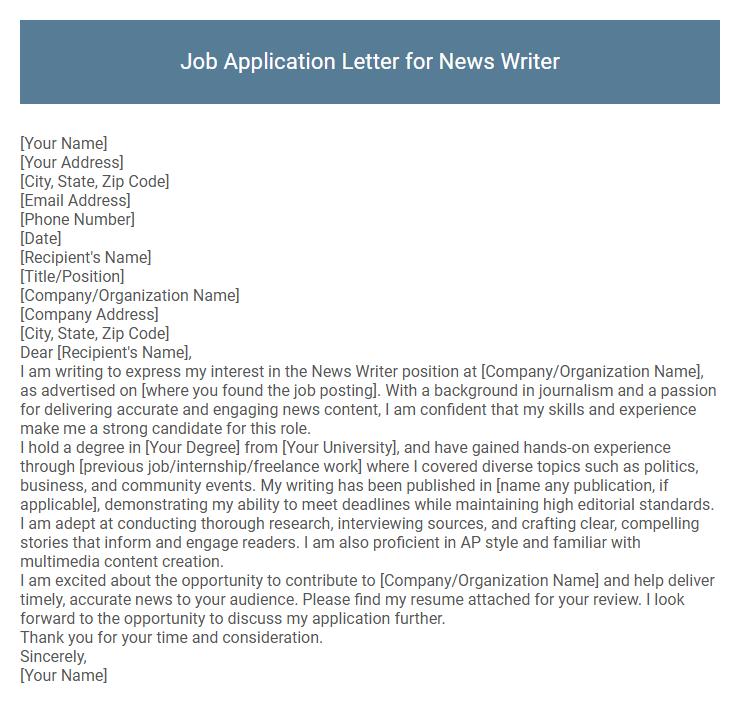 Job Application Letter for News Writer