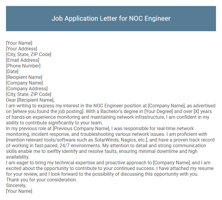 Job Application Letter for NOC Engineer