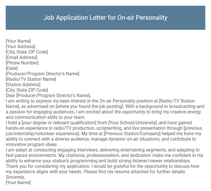 Job Application Letter for On-air Personality