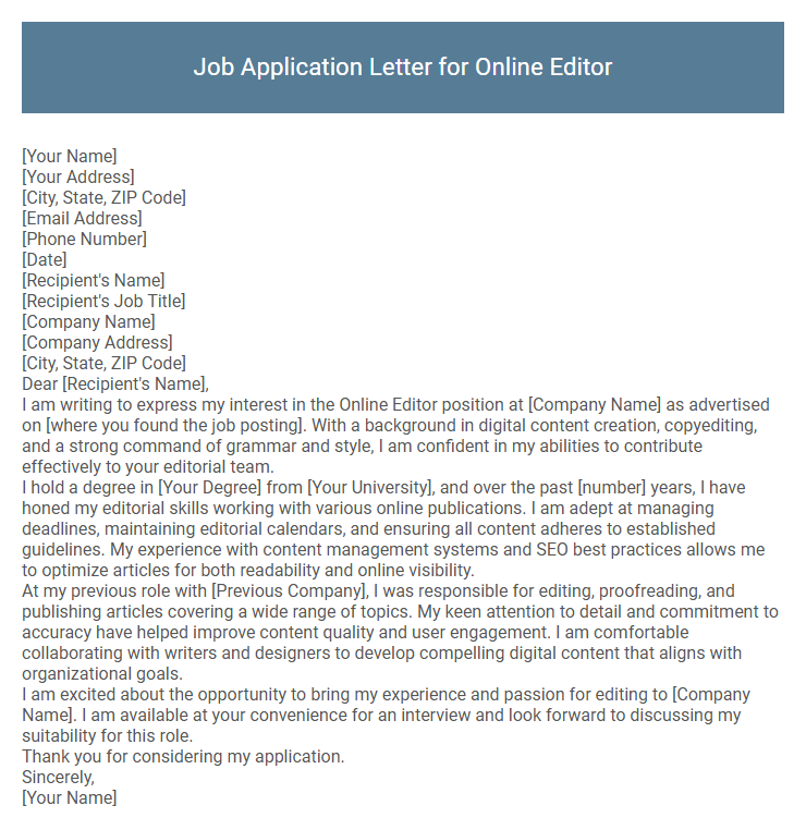 Job Application Letter for Online Editor