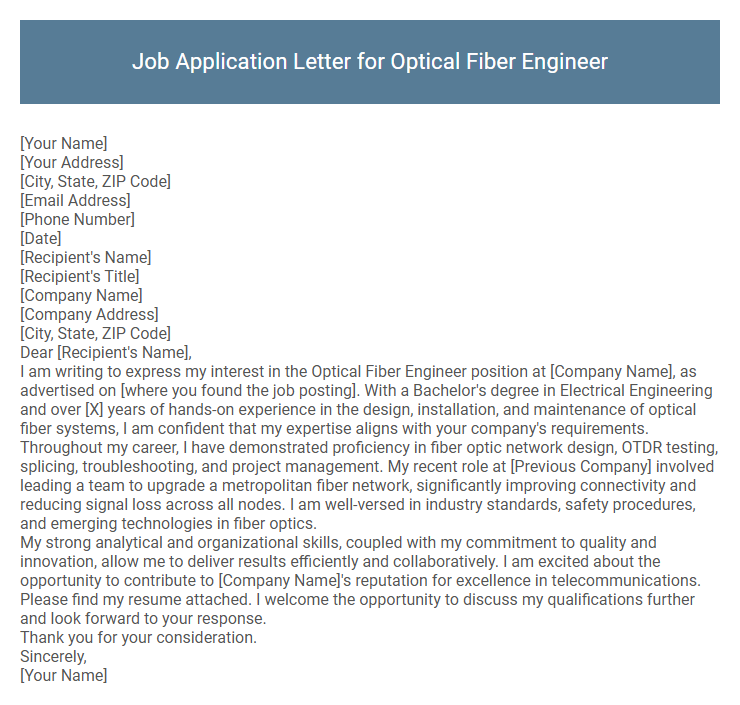 Job Application Letter for Optical Fiber Engineer