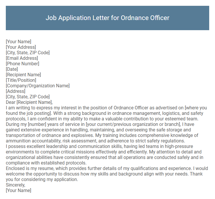 Job Application Letter for Ordnance Officer