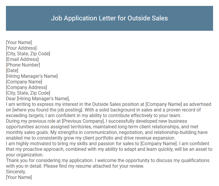 Job Application Letter for Outside Sales