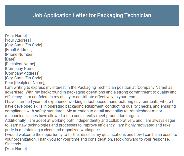 Job Application Letter for Packaging Technician