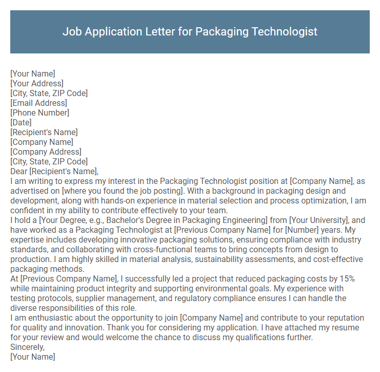 Job Application Letter for Packaging Technologist