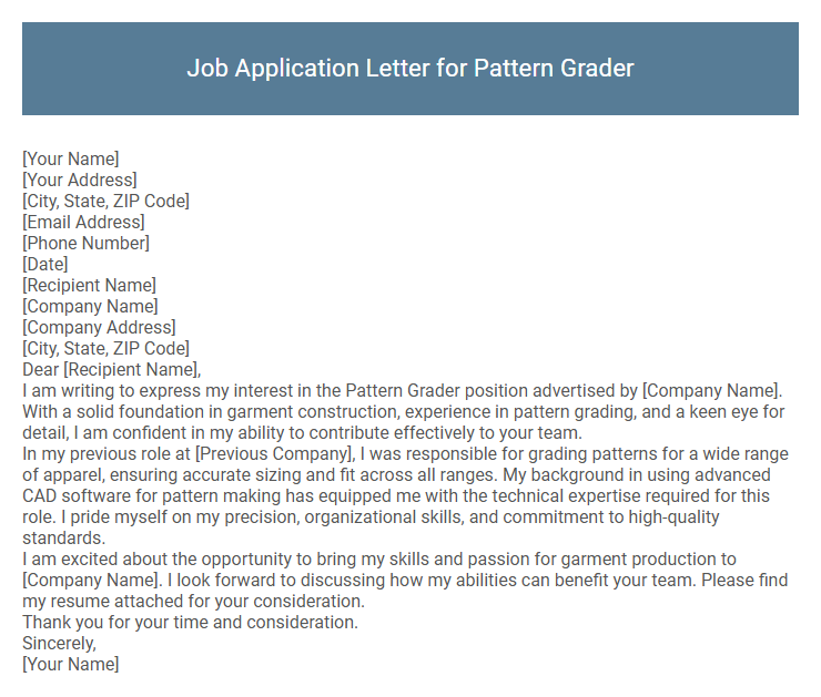 Job Application Letter for Pattern Grader