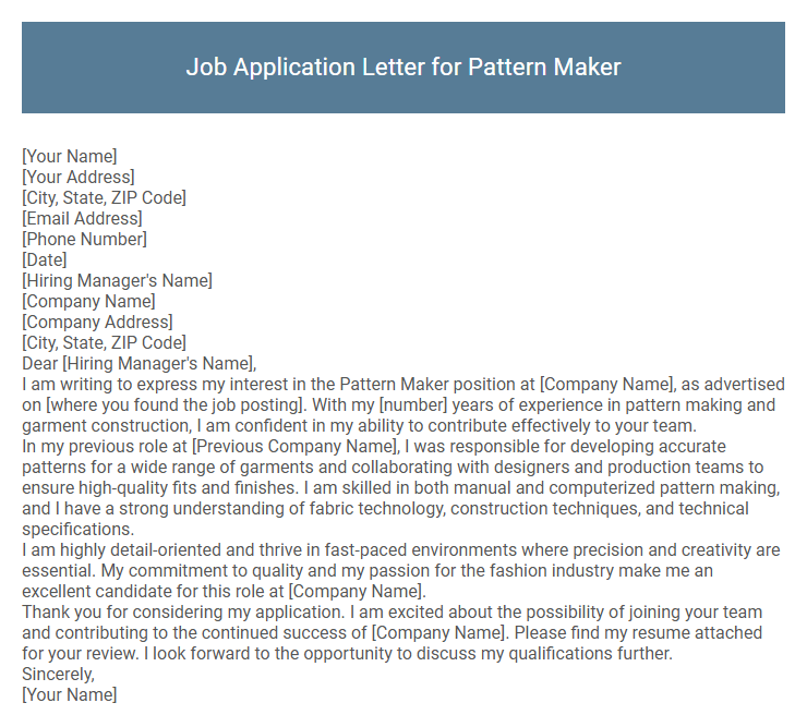 Job Application Letter for Pattern Maker