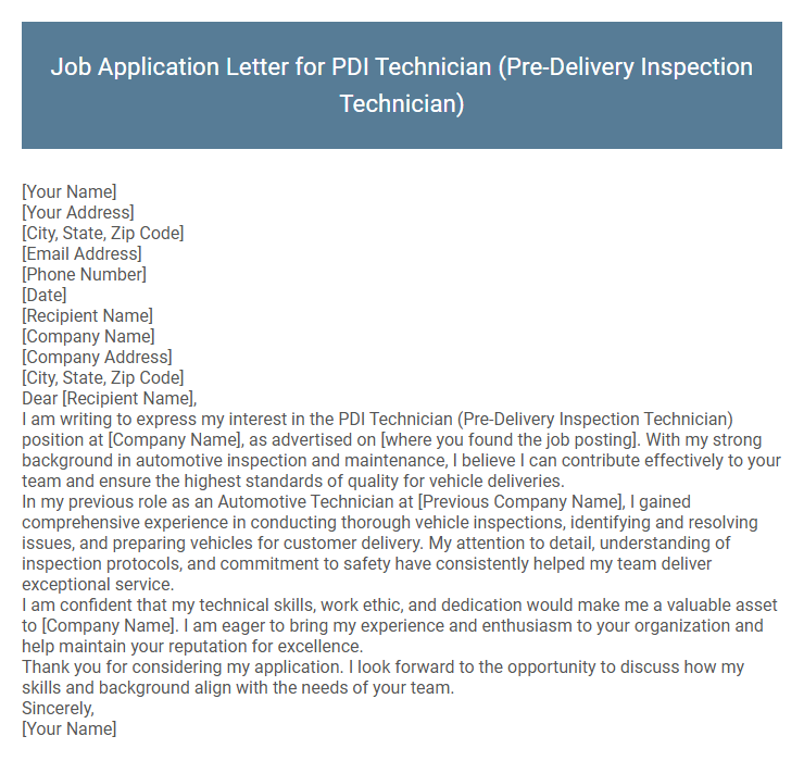 Job Application Letter for PDI Technician (Pre-Delivery Inspection Technician)