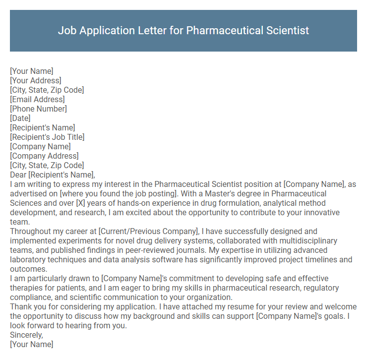 Job Application Letter for Pharmaceutical Scientist