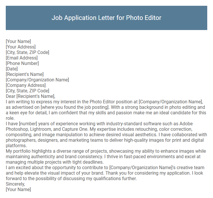 Job Application Letter for Photo Editor