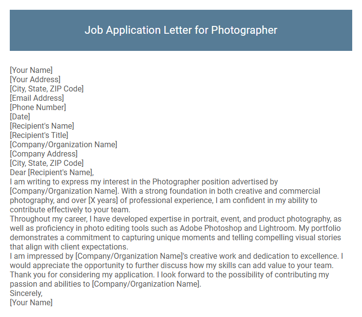 Job Application Letter for Photographer