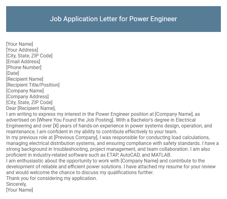 Job Application Letter for Power Engineer