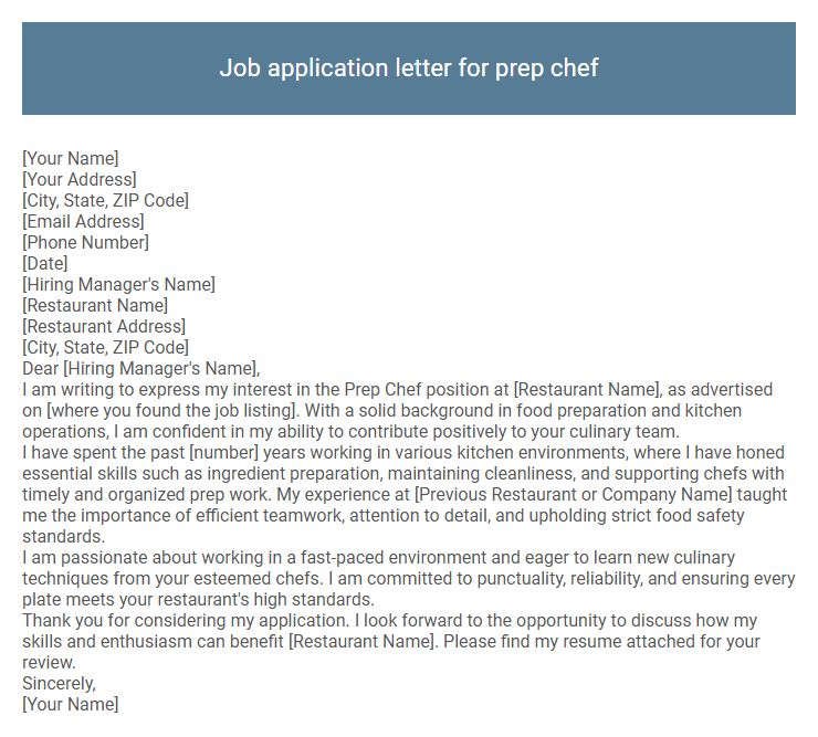 Job application letter for prep chef