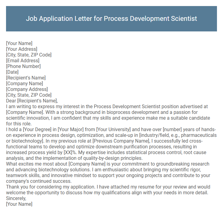 Job Application Letter for Process Development Scientist