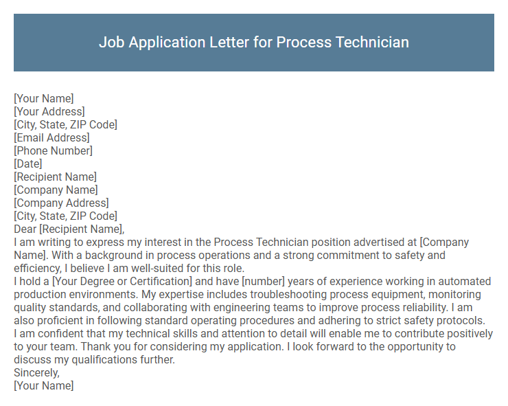 Job Application Letter for Process Technician