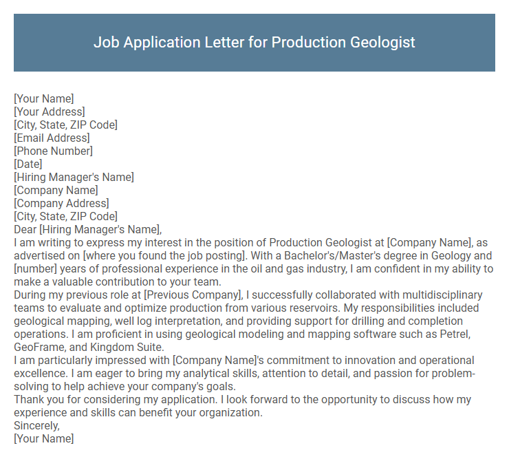 Job Application Letter for Production Geologist