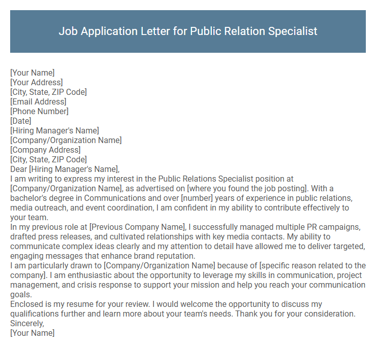 Job Application Letter for Public Relation Specialist
