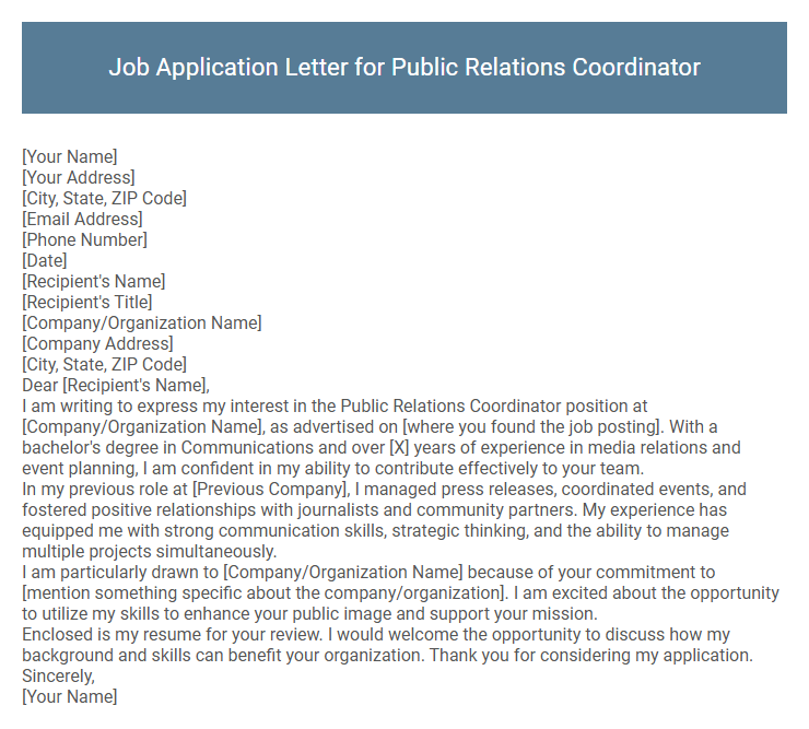 Job Application Letter for Public Relations Coordinator