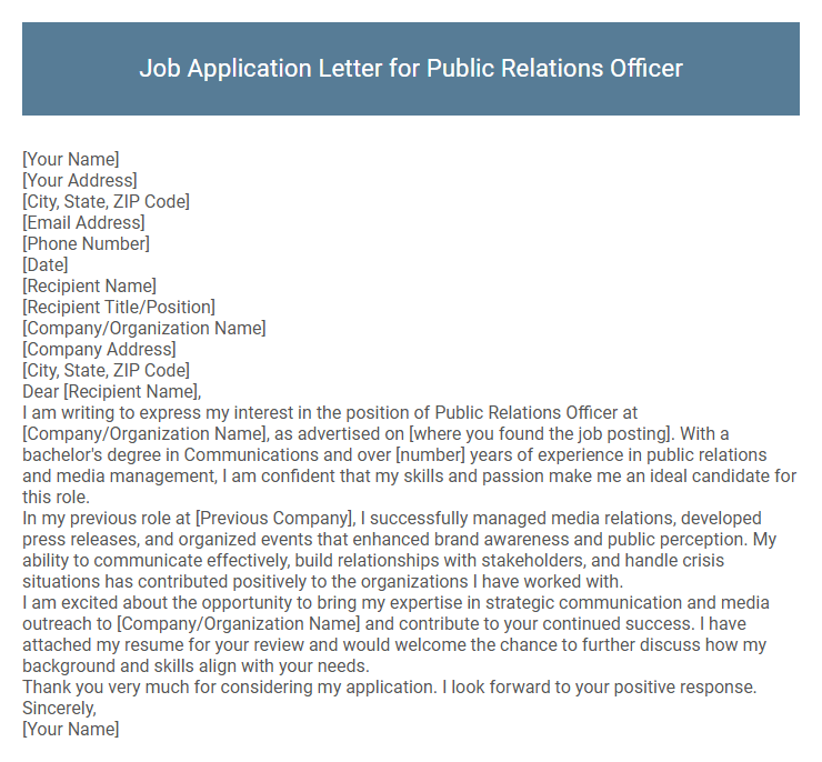 Job Application Letter for Public Relations Officer