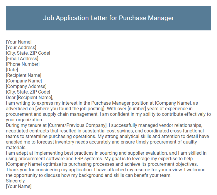 Job Application Letter for Purchase Manager